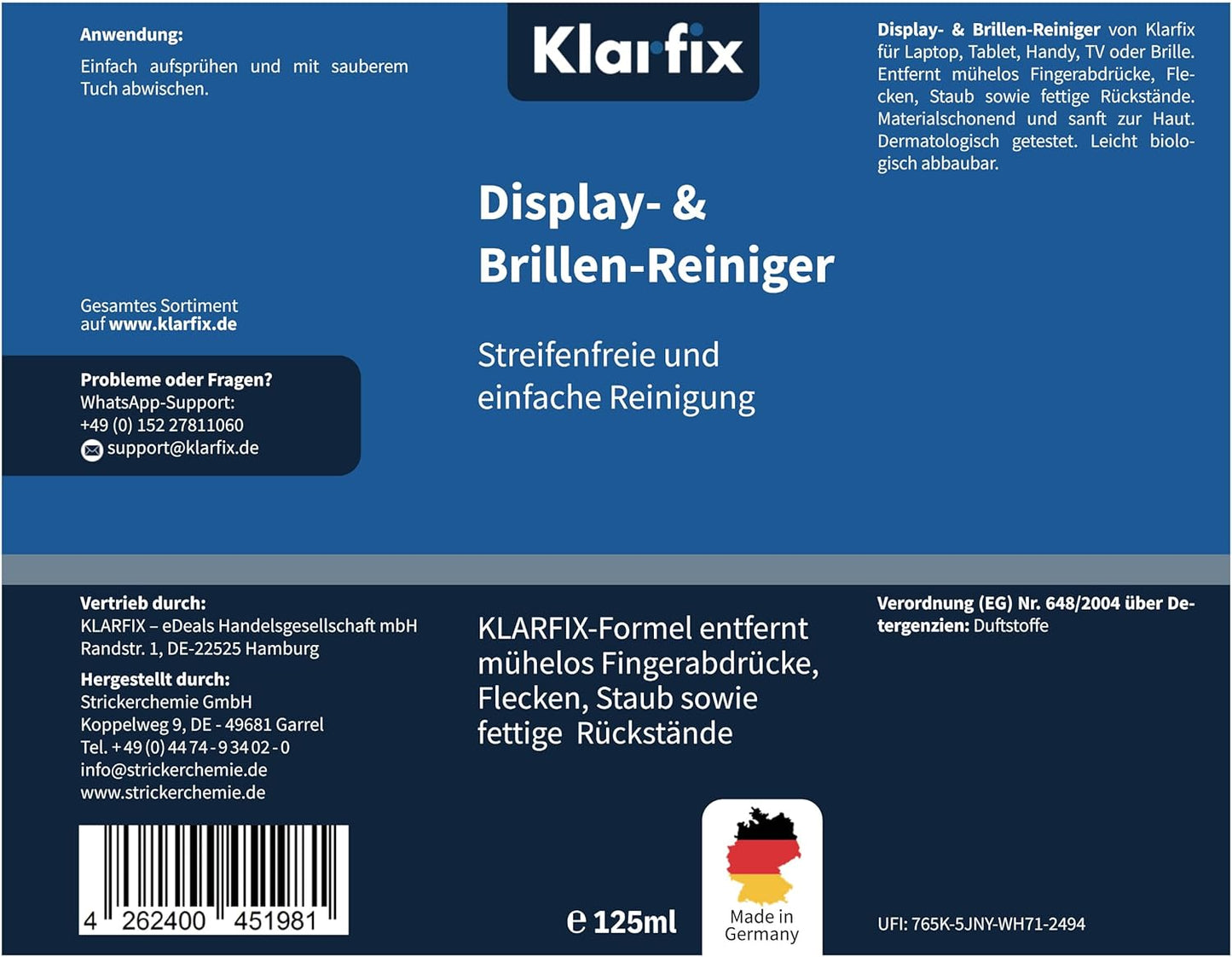 Display- & Brillen-Reiniger | Spezial-Reiniger für streifenfreie Sauberkeit auf Brillen, Smartphones, Tablets, Laptops & Displays | Für unterwegs & zuhause | Made in Germany (2x 125ml)