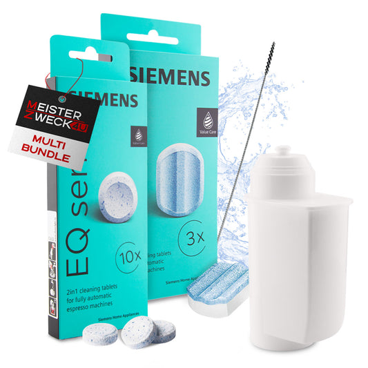 MEISTERZWECK4U Pflegeset Kaffeevollautomaten - 1x Wasserfilter, 1x Entkalkungstabletten, 1x Reinigungstabletten, Reinigungsbürste - Reinigungsset Kaffeemaschinen Siemens, EQ Series, Supresso, Bosch