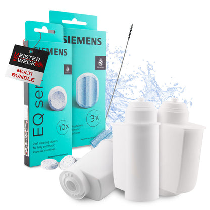 MEISTERZWECK4U Pflege-Set für Kaffeevollautomaten: 3x Wasserfilter, 2x Entkalker, 1x Reiniger, 1x Bürste - Optimal für Siemens EQ, Bosch, Supresso