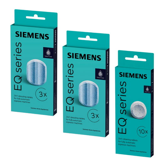 [Paket] SIEMENS Reinigungsset für Siemens EQ Serie Kaffeevollautomaten: 10 Reinigungstabletten (TZ80001A) + 6 Entkalkungstabletten (TZ80002A)