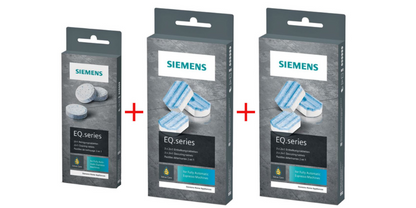 [Paket] SIEMENS Reinigungsset für Siemens EQ Serie Kaffeevollautomaten: 10 Reinigungstabletten (TZ80001A) + 6 Entkalkungstabletten (TZ80002A)