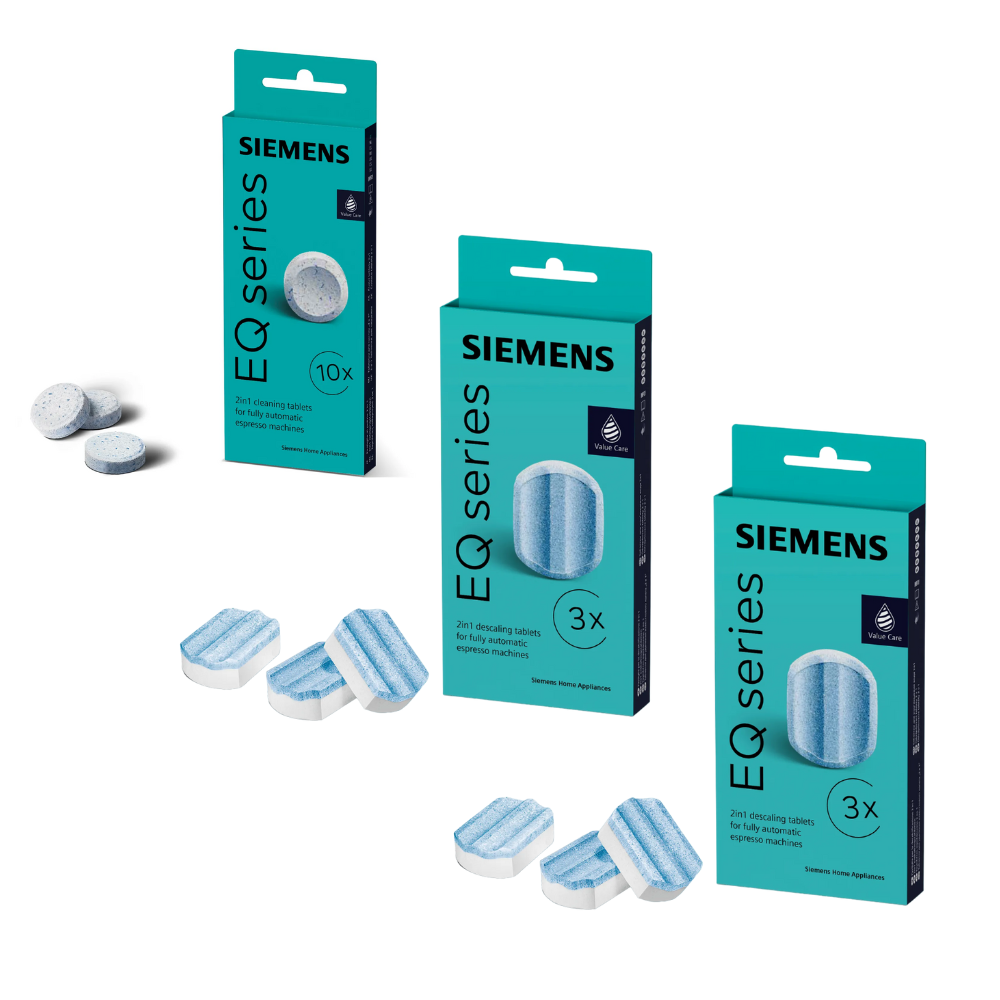 [Paket] SIEMENS Reinigungsset für Siemens EQ Serie Kaffeevollautomaten: 10 Reinigungstabletten (TZ80001A) + 6 Entkalkungstabletten (TZ80002A)