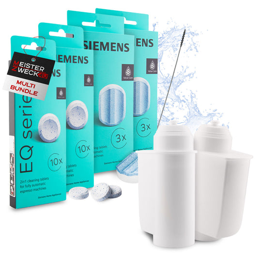 MEISTERZWECK4U Pflegeset Kaffeevollautomaten - 2x Wasserfilter, 2x Entkalkungstabletten, 2x Reinigungstabletten, Reinigungsbürste - Reinigungsset Kaffeemaschinen Siemens, EQ Series, Supresso, Bosch
