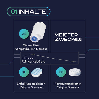 MEISTERZWECK4U Pflegeset Kaffeevollautomaten - 2x Wasserfilter, 1x Entkalkungstabletten, 1x Reinigungstabletten, Reinigungsbürste - Reinigungsset Kaffeemaschinen Siemens, EQ Series, Supresso, Bosch