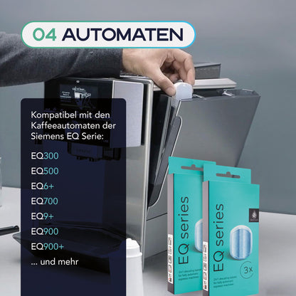 MEISTERZWECK4U Pflegeset Kaffeevollautomaten - 1x Wasserfilter, 1x Entkalkungstabletten, 1x Reinigungstabletten, Reinigungsbürste - Reinigungsset Kaffeemaschinen Siemens, EQ Series, Supresso, Bosch