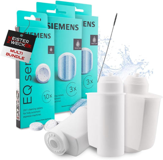 [Paket] MEISTERZWECK4U Pflegeset Kaffeevollautomaten – 3x Wasserfilter, 2x Entkalkungstabletten, 1x Reinigungstabletten, Reinigungsbürste – Reinigungsset für Kaffeevollautomaten von Siemens, EQ Series, Bosch