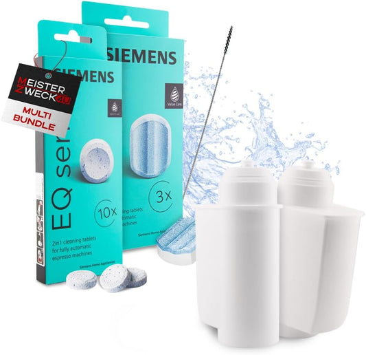 MEISTERZWECK4U Pflege-Set für Kaffeevollautomaten: Optimaler Schutz & Reinigung für Siemens, Bosch & Co. (2x Wasserfilter, 1x Entkalker, 1x Reiniger, Bürste)